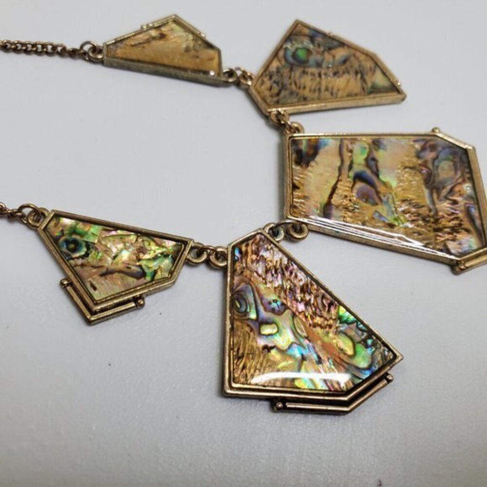 Abalone Necklace Statement Oil Spill Gold Tone Geometric Chain Big Green - Picture 4 of 7